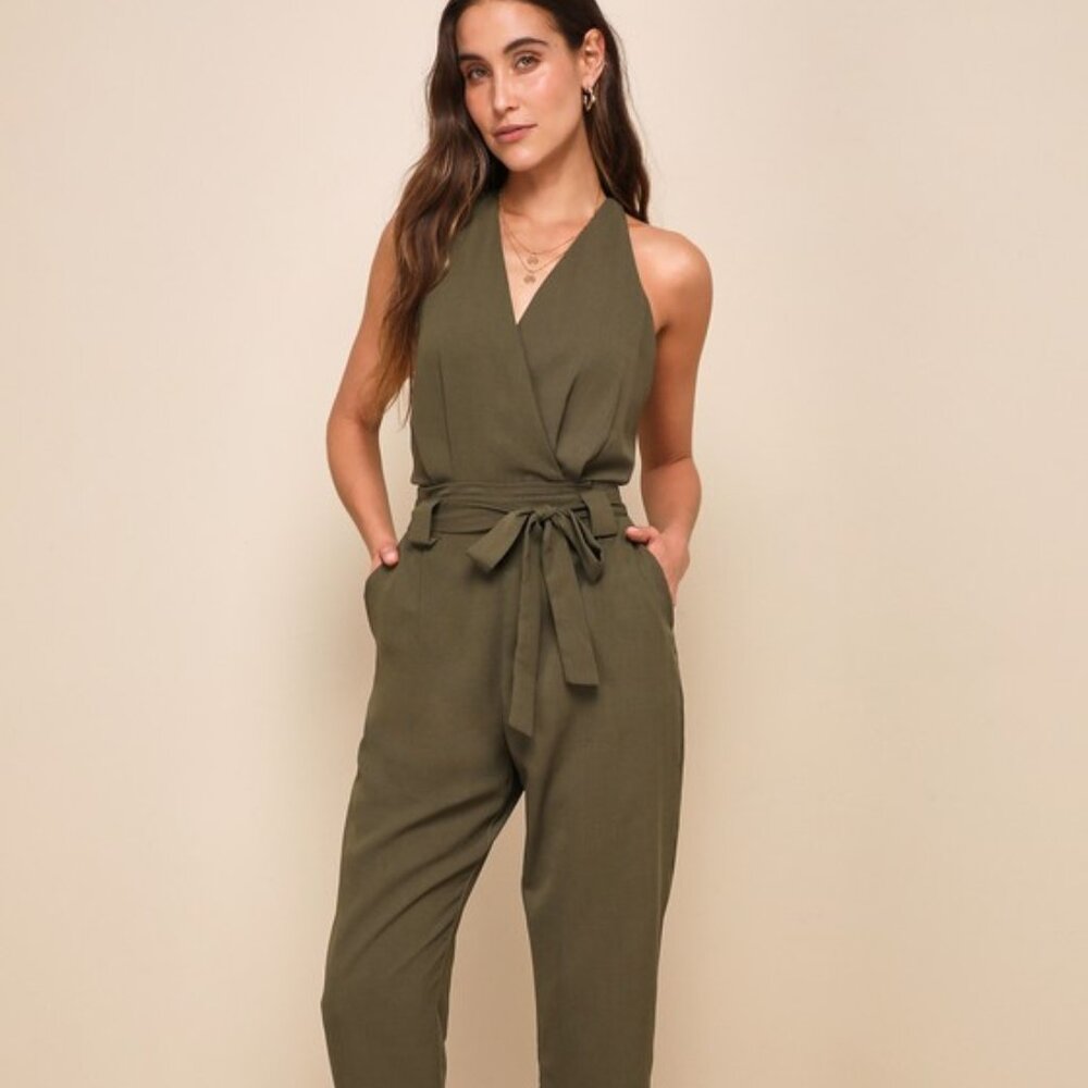 Lulus In The City Olive Green Surplice Sleeveless Jumpsuit - Size XS
